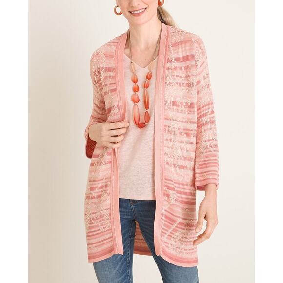 Chico's Sweaters - Chico's Embroidered Striped Jacquard Cardigan Pink Size M
